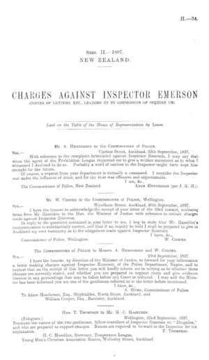 CHARGES AGAINST INSPECTOR EMERSON (COPIES OF LETTERS, ETC., LEADING UP TO COMMISSION OF INQUIRY ON).