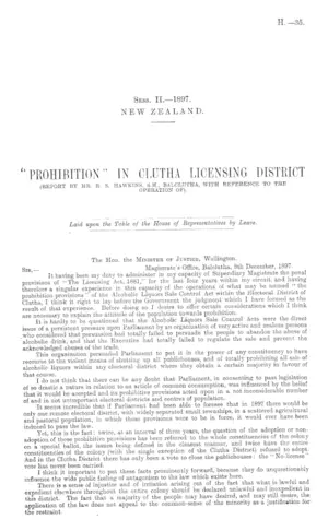 "PROHIBITION" IN CLUTHA LICENSING DISTRICT (REPORT BY MR. R.S. HAWKINS, S.M., BALCLUTHA, WITH REFERENCE TO THE OPERATION OF).
