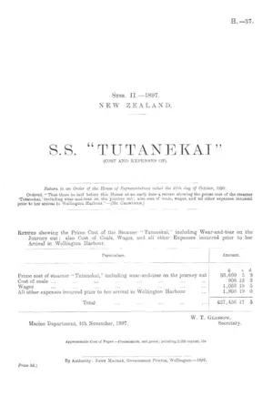 S.S. "TUTANEKAI" (COST AND EXPENSES OF).
