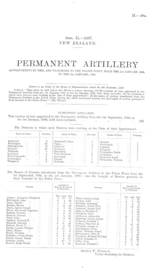 PERMANENT ARTILLERY (APPOINTMENTS TO THE), AND TRANSFERS TO THE POLICE FORCE, FROM THE 1st JANUARY, 1883, TO THE 1st JANUARY, 1890.