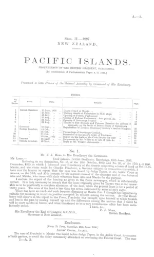 PACIFIC ISLANDS. PROCEEDINGS OF THE BRITISH RESIDENT, RAROTONGA. [In continuation of Parliamentary Paper A.-3, 1896.]