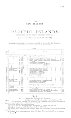 PACIFIC ISLANDS. PROCEEDINGS OF THE BRITISH RESIDENT, RAROTONGA. [In continuation of Parliamentary Paper A.-3, Sess. II., 1897.]