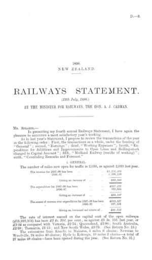 RAILWAYS STATEMENT. (19th July, 1898.) BY THE MINISTER FOR RAILWAYS, THE HON. A. J. CADMAN.