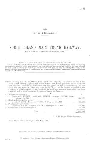 NORTH ISLAND MAIN TRUNK RAILWAY: DETAILS OF EXPENDITURE OF £1,000,000 LOAN.