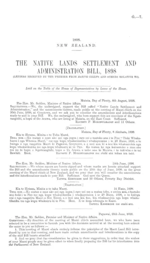 THE NATIVE LANDS SETTLEMENT AND ADMINISTRATION BILL, 1898 (LETTERS RECEIVED BY THE PREMIER FROM NATIVE CHIEFS AND OTHERS RELATIVE TO).