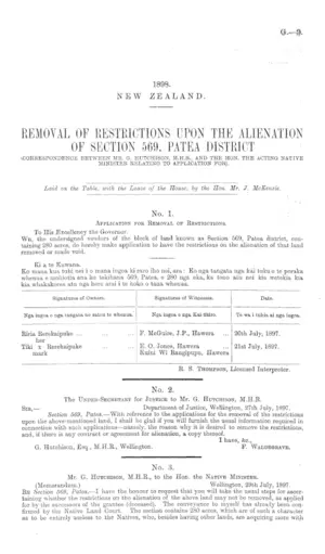 REMOVAL OF RESTRICTIONS UPON THE ALIENATION OF SECTION 569, PATEA DISTRICT (CORRESPONDENCE BETWEEN MR. G. HUTCHISON, M.H.R., AND THE HON. THE ACTING NATIVE MINISTER RELATING TO APPLICATION FOR).