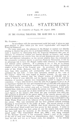 FINANCIAL STATEMENT (In Committee of Supply, 9th August, 1898) BY THE COLONIAL TREASURER, THE RIGHT HON. R.J. SEDDON.