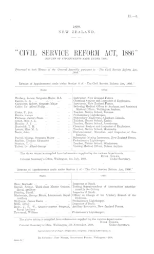 "CIVIL SERVICE REFORM ACT, 1886" (RETURN OF APPOINTMENTS MADE UNDER THE).