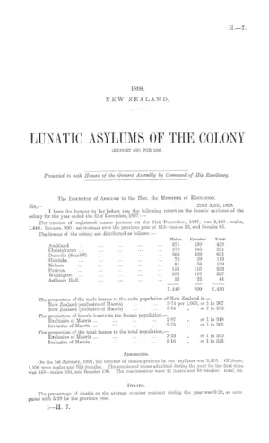 LUNATIC ASYLUMS OF THE COLONY (REPORT ON) FOR 1897.