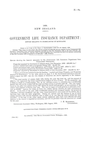 GOVERNMENT LIFE INSURANCE DEPARTMENT: RETURN RELATIVE TO FORECLOSURE OF MORTGAGES.
