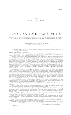 NAVAL AND MILITARY CLAIMS (REPORT ON, BY Mr. J.C. McKERROW, COMMISSIONER APPOINTED IN PURSUANCE OF SECTION 3 OF "THE NAVAL AND MILITARY CLAIMS SETTLEMENT AND EXTINGUISHMENT ACT, 1896.")