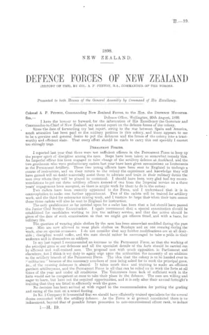 DEFENCE FORCES OF NEW ZEALAND (REPORT ON THE), BY COL. A.P. PENTON, R.A., COMMANDER OF THE FORCES.