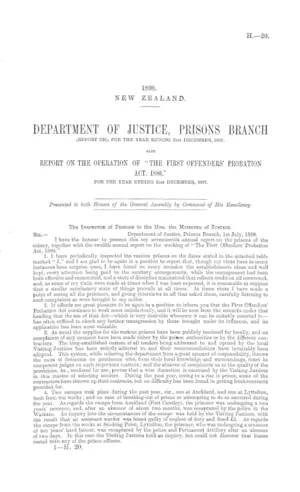 DEPARTMENT OF JUSTICE, PRISONS BRANCH (REPORT ON), FOR THE YEAR ENDING 31st DECEMBER, 1897; ALSO REPORT ON THE OPERATION OF "THE FIRST OFFENDERS' PROBATION ACT, 1886," FOR THE YEAR ENDING 31st DECEMBER, 1897.