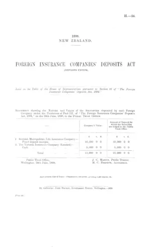 FOREIGN INSURANCE COMPANIES' DEPOSITS ACT (DEPOSITS UNDER).