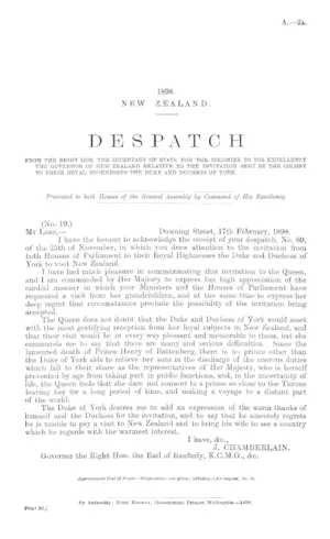 DESPATCH FROM THE RIGHT HON. THE SECRETARY OF STATE FOR THE COLONIES TO HIS EXCELLENCY THE GOVERNOR OF NEW ZEALAND RELATIVE TO THE INVITATION SENT BY THE COLONY TO THEIR ROYAL HIGHNESSES THE DUKE AND DUCHESS OF YORK.
