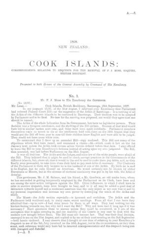 COOK ISLANDS: CORRESPONDENCE RELATING TO REQUESTS FOR THE REMOVAL OF F.J. MOSS, ESQUIRE, BRITISH RESIDENT.