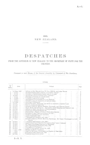 DESPATCHES FROM THE GOVERNOR OF NEW ZEALAND TO THE SECRETARY OF STATE FOR THE COLONIES.