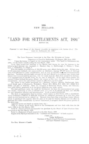 "LAND FOR SETTLEMENTS ACT, 1894" (REPORT ON).