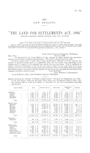 "THE LAND FOR SETTLEMENTS ACT, 1894" (ESTATES ACQUIRED UNDER), SHOWING AREA, ETC., OF EACH.