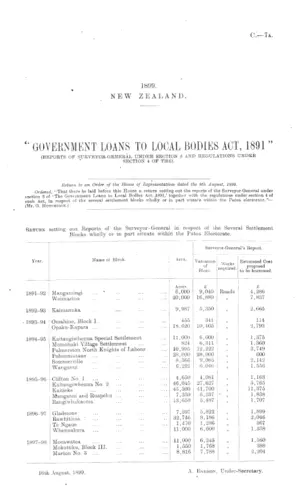 "GOVERNMENT LOANS TO LOCAL BODIES ACT, 1891" (REPORTS OF SURVEYOR-GENERAL UNDER SECTION 3 AND REGULATIONS UNDER SECTION 4 OF THE).