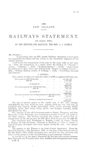 RAILWAYS STATEMENT. (1st August, 1899.) BY THE MINISTER FOR RAILWAYS, THE HON. A. J. CADMAN.