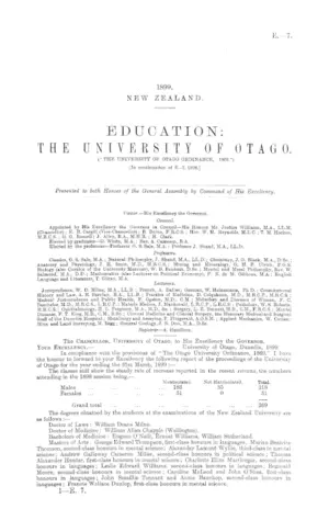 EDUCATION: THE UNIVERSITY OF OTAGO. ("THE UNIVERSITY OF OTAGO ORDINANCE, 1869.") [In continuation of E.-7, 1898.]