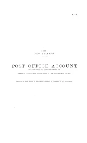 POST OFFICE ACCOUNT (BALANCE-SHEET OF), TO 31st DECEMBER, 1898. Prepared in accordance with the 74th Section fo "The Public Revenues Act, 1891."