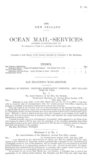 OCEAN MAIL-SERVICES (FURTHER PAPERS RELATING TO). [In continuation of Paper F.-6, presented on the 8th August, 1899.]