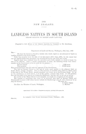 LANDLESS NATIVES IN SOUTH ISLAND (REPORT RELATIVE TO SETTING APART LAND FOR).