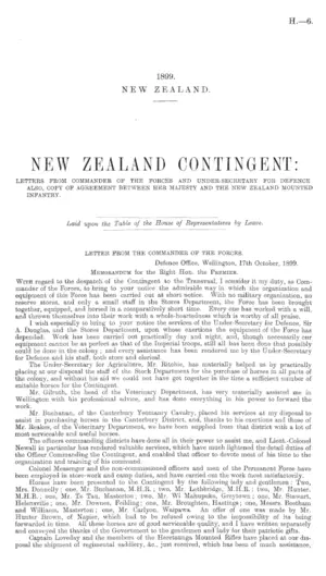 NEW ZEALAND CONTINGENT: LETTERS FROM COMMANDER OF THE FORCES AND UNDER-SECRETARY FOR DEFENCE ALSO, COPY OF AGREEMENT BETWEEN HER MAJESTY AND THE NEW ZEALAND MOUNTED INFANTRY.