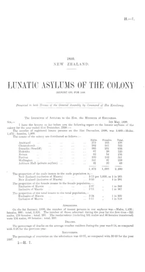 LUNATIC ASYLUMS OF THE COLONY (REPORT ON) FOR 1898.