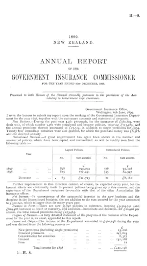 ANNUAL REPORT OF THE GOVERNMENT INSURANCE COMMISSIONER FOR THE YEAR ENDED 31st DECEMBER, 1898.
