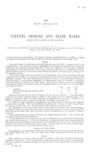 PATENTS, DESIGNS, AND TRADE MARKS. TENTH ANNUAL REPORT OF THE REGISTRAR.