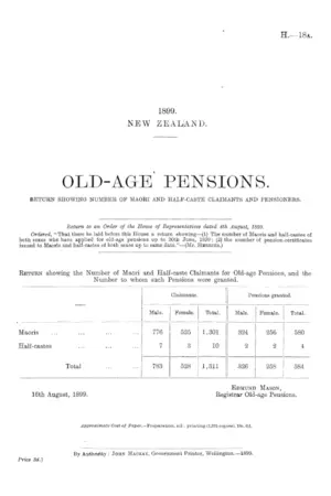 OLD-AGE PENSIONS. RETURN SHOWING NUMBER OF MAORI AND HALF-CASTE CLAIMANTS AND PENSIONERS.