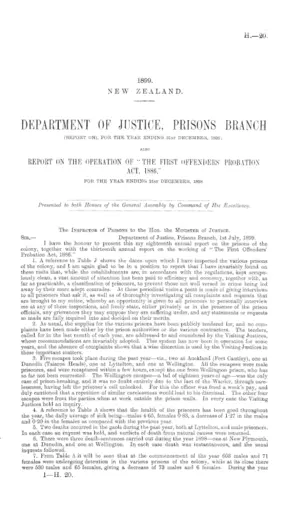 DEPARTMENT OF JUSTICE, PRISONS BRANCH (REPORT ON), FOR THE YEAR ENDING 31st DECEMBER, 1898; ALSO REPORT ON THE OPERATION OF "THE FIRST OFFENDERS' PROBATION ACT, 1886," FOR THE YEAR ENDING 31st DECEMBER, 1898.