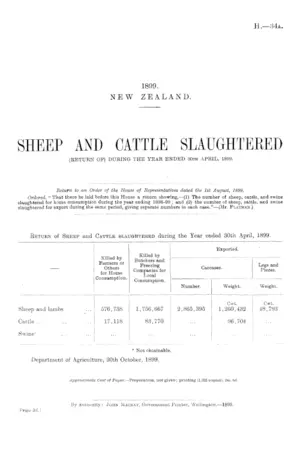 SHEEP AND CATTLE SLAUGHTERED (RETURN OF) DURING THE YEAR ENDED 30th APRIL, 1899.