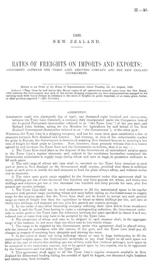 RATES OF FREIGHTS ON IMPORTS AND EXPORTS: AGREEMENT BETWEEN THE TYSER LINE SHIPPING COMPANY AND THE NEW ZEALAND GOVERNMENT.