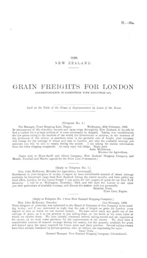 GRAIN FREIGHTS FOR LONDON (CORRESPONDENCE IN CONNECTION WITH REDUCTION OF).