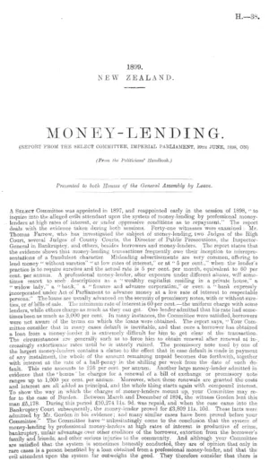 MONEY-LENDING. (REPORT FROM THE SELECT COMMITTEE, IMPERIAL PARLIAMENT, 29th JUNE, 1898, ON) (From the Politicians' Handbook.)