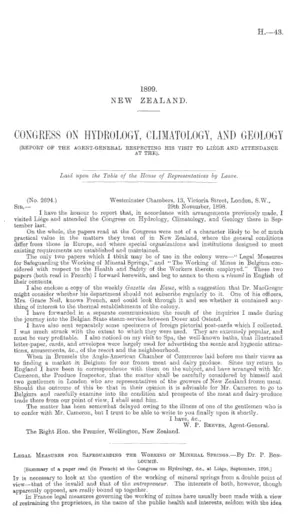 CONGRESS ON HYDROLOGY, CLIMATOLOGY, AND GEOLOGY (REPORT OF THE AGENT-GENERAL RESPECTING HIS VISIT TO LIÉGE AND ATTENDANCE AT THE).