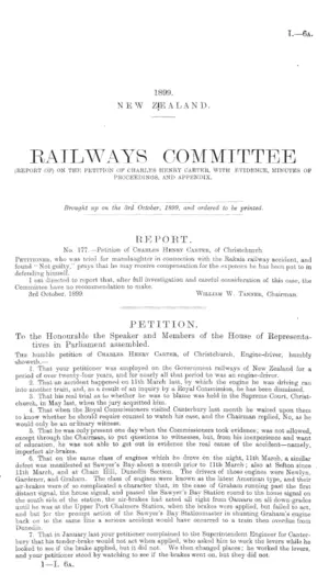 RAILWAYS COMMITTEE (REPORT OF) ON THE PETITION OF CHARLES HENRY CARTER, WITH EVIDENCE, MINUTES OF PROCEEDINGS, AND APPENDIX.
