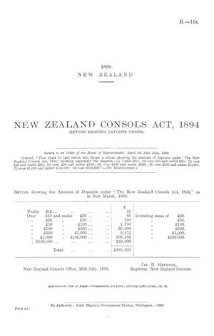 NEW ZEALAND CONSOLS ACT, 1894 (RETURN SHOWING DEPOSITS UNDER).