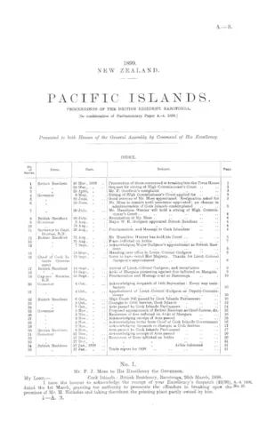 PACIFIC ISLANDS. PROCEEDINGS OF THE BRITISH RESIDENT, RAROTONGA. [In continuation of Parliamentary Paper A.-4, 1898.]