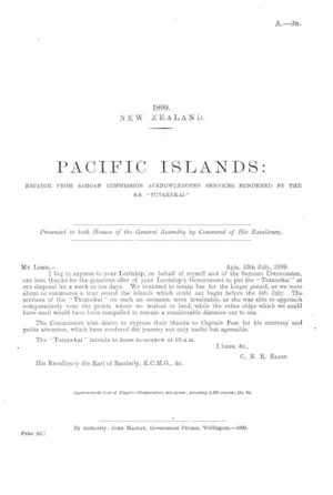 PACIFIC ISLANDS: ESPATCH FROM SAMOAN COMMISSION ACKNOWLEDGING SERVICES RENDERED BY THE S.S. "TUTANEKAI."