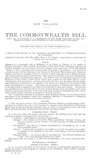 THE COMMONWEALTH BILL (COPY OF), AS APPROVED AT A CONFERENCE OF THE PRIME MINISTERS OF THE AUSTRALIAN COLONIES, AND SUBMITTED TO THE QUEENSLAND PARLIAMENT.