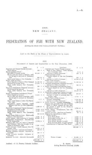 FEDERATION OF FIJI WITH NEW ZEALAND. (EXTRACTS FROM FIJI PARLIAMENTARY PAPERS.)