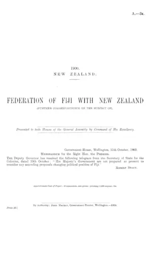 FEDERATION OF FIJI WITH NEW ZEALAND (FURTHER CORRESPONDENCE ON THE SUBJECT OF).