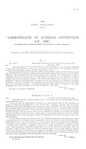 "COMMONWEALTH OF AUSTRALIA CONSTITUTION ACT, 1900," TOGETHER WITH CORRESPONDENCE RESPECTING CLAUSE 74 THEREOF.