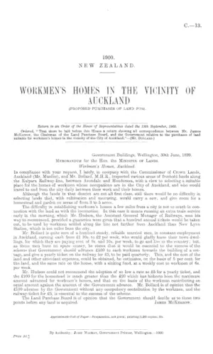 WORKMEN'S HOMES IN THE VICINITY OF AUCKLAND (PROPOSED PURCHASES OF LAND FOR).