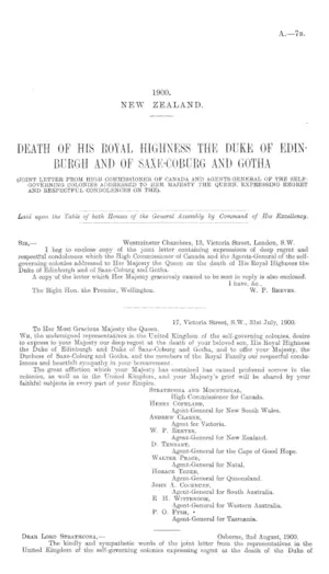 DEATH OF HIS ROYAL HIGHNESS THE DUKE OF EDINBURGH AND OF SAXE-COBURG AND GOTHA (JOINT LETTER FROM HIGH COMMISSIONER OF CANADA AND AGENTS-GENERAL OF THE SELFGOVERNING COLONIES ADDRESSED TO HER MAJESTY THE QUEEN, EXPRESSING REGRET AND RESPECTFUL CONDOLENCES ON THE).
